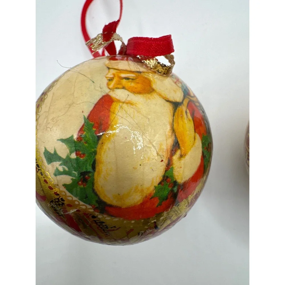 Vintage Style Decoupage Christmas Ornaments Santa and Elf Gold Foil Set of 2